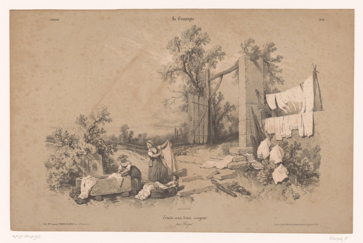 To kvinder og et barn vasker i det fri Studier af landlige scener med to typer kridt (serietitel) La kampagnen. Etude aux deux farveblyanter, af Férogio (serietitel på objekt) af Fortuné Ferogio