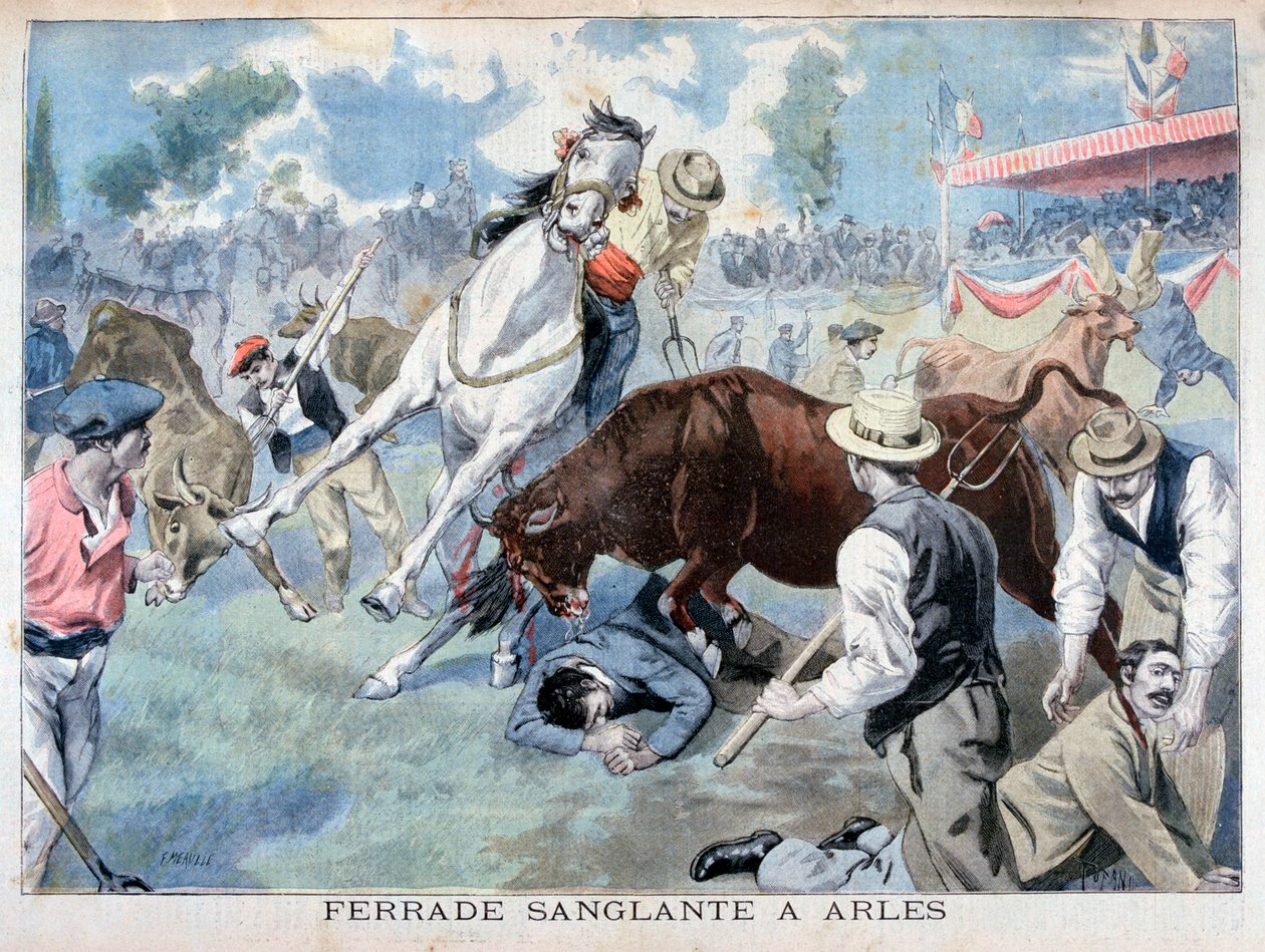 Tyrefægtningshændelse, Arles, Frankrig, 1898 af Fortuné Méaulle
