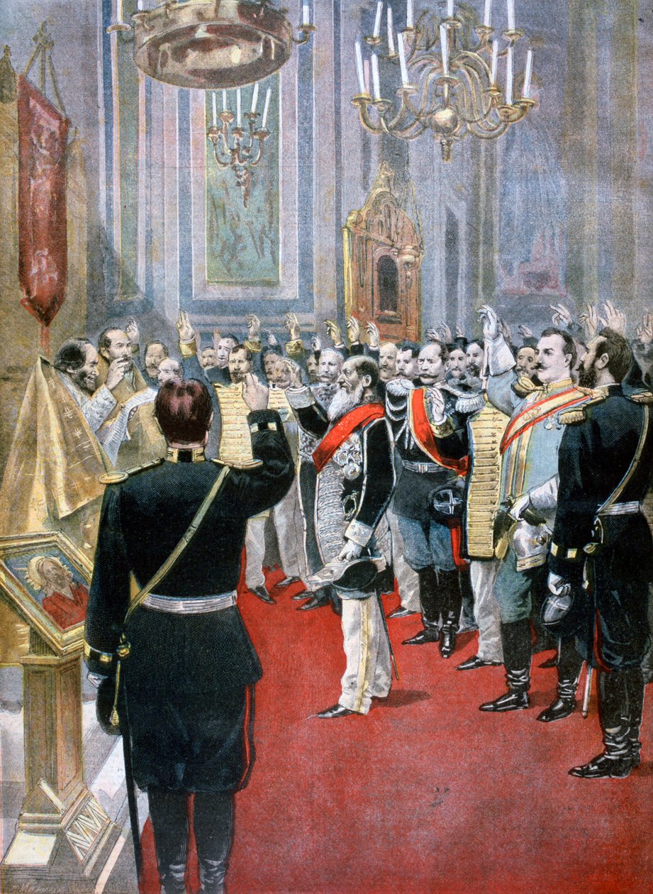 sværger troskabsed til zar Nicholas II, russisk kirke i Paris, 1894 af Fortuné Méaulle