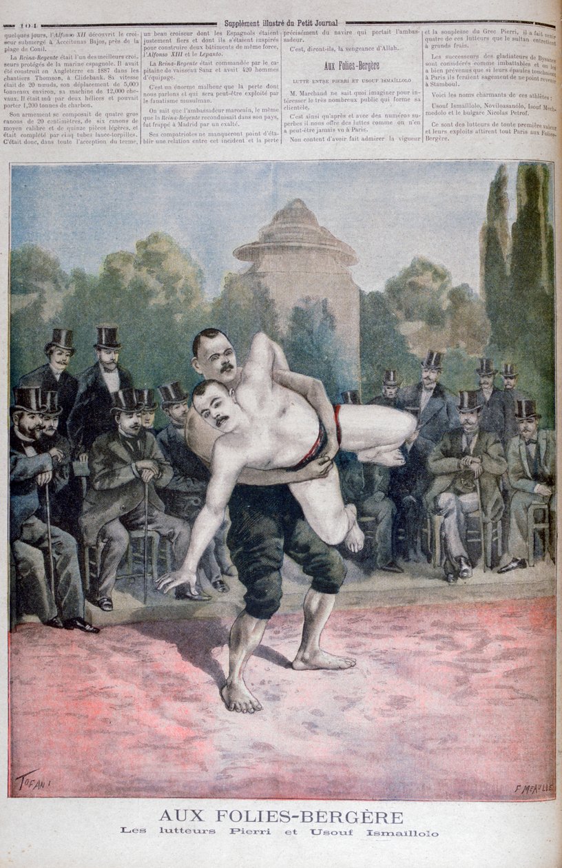 Ismaillolo-brødrene wrestling, The Folies Bergère, 1895 af Fortuné Méaulle