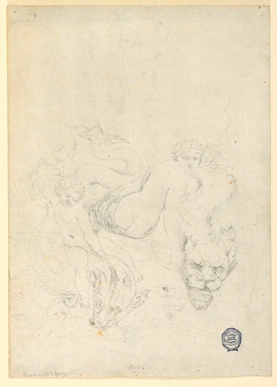 Tegning, Thetis og Amor rider på fisk, ca. 1820 af Fortunato Duranti