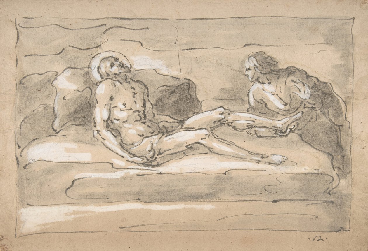 Den døde Kristus sørget af Magdalen, der ærer sårene på hans fødder, 1787-1863. af Fortunato Duranti