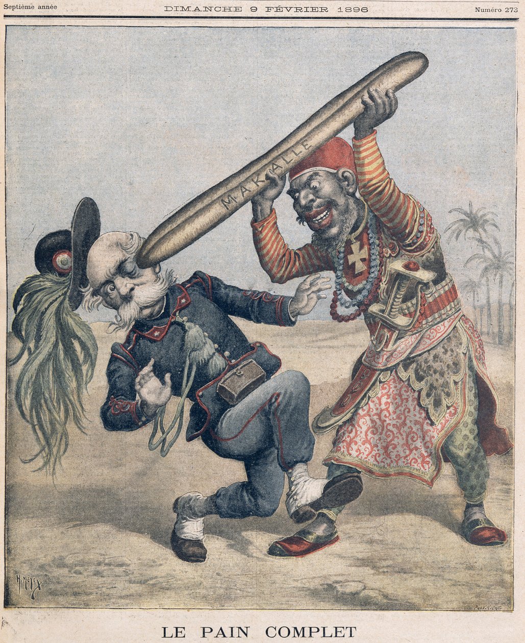 Karikatur af Francesco Crispi (1818-1901) og nederlaget for den italienske invaderende hær ved belejringen af Makalle, Etiopien. forsiden af 