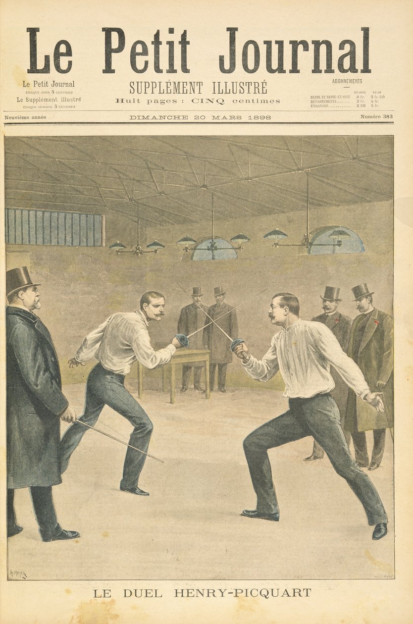 Titelside, der viser Henry-Picquart-duellen, modsatte officerer under Dreyfus-affæren, illustration fra det illustrerede supplement til Le Petit Journal, 20. marts, 1898 af Fortune Louis Meaulle and Henri Meyer