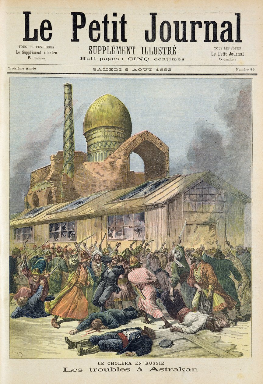 Titelside, der viser problemerne i Astrakhan under koleratiden i Rusland, illustration fra det illustrerede supplement til Le Petit Journal, 6. august, 1892 af Fortune Louis Meaulle and Henri Meyer