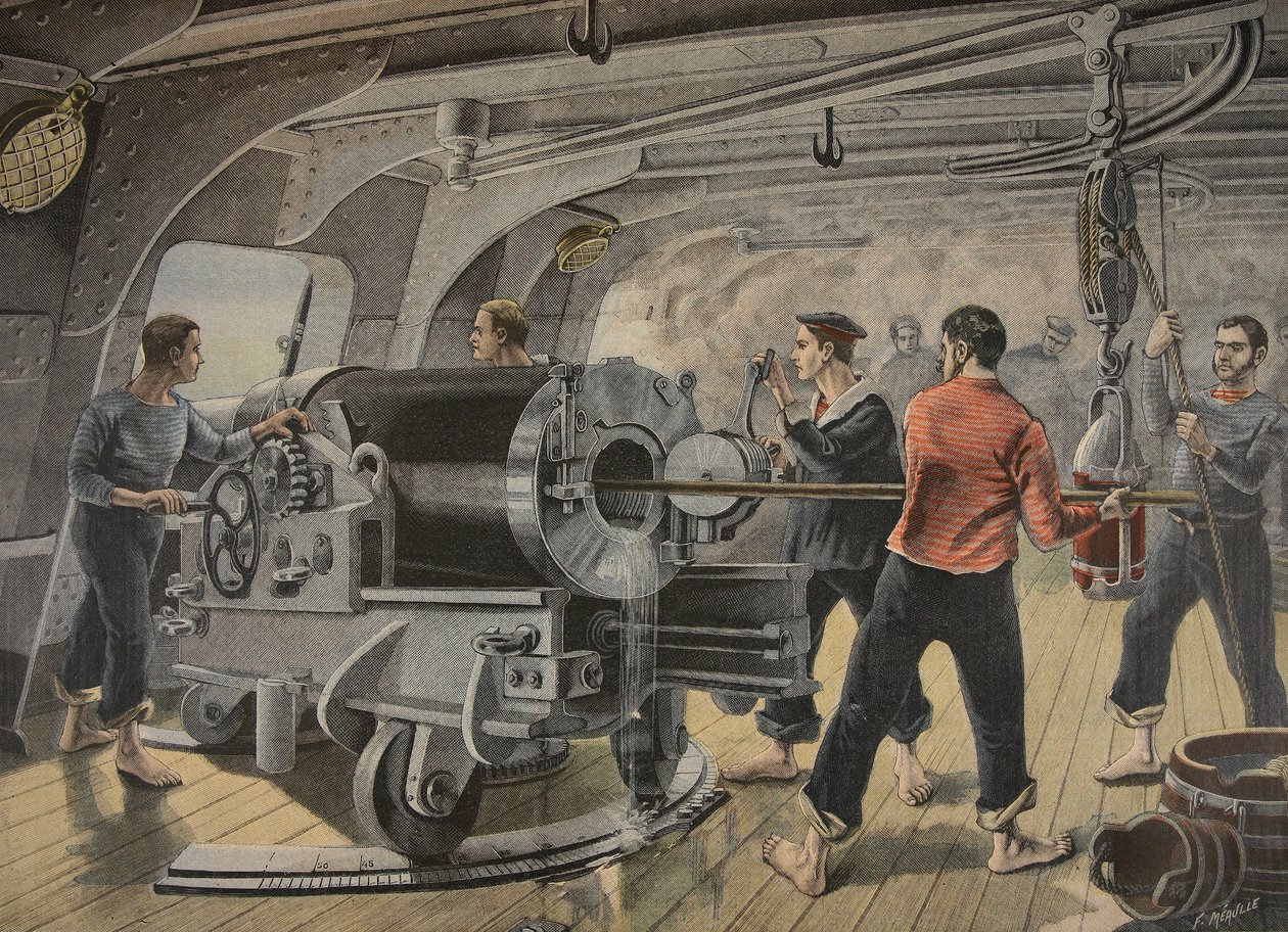 De spanske marinesoldaters manøvrering af en kanon foran Santiago, Cuba, illustration fra "Le Petit Journal": Supplement illustre", 1898 af Fortune Louis Meaulle