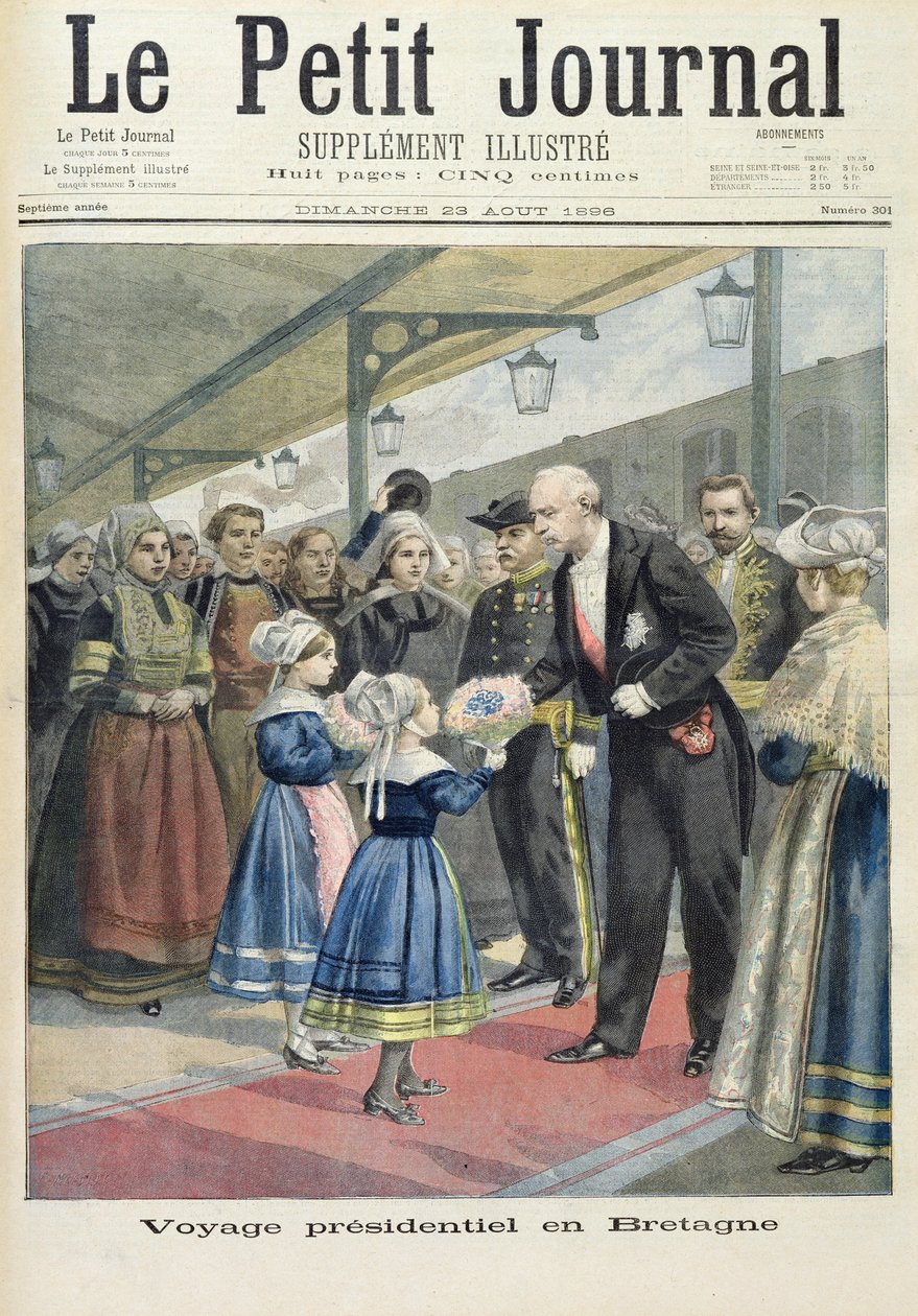 Titelside, der viser Felix Faures præsidentrejse til Storbritannien, illustration fra det illustrerede supplement til Le Petit Journal, 23. august, 1896 af Fortune Louis Meaulle