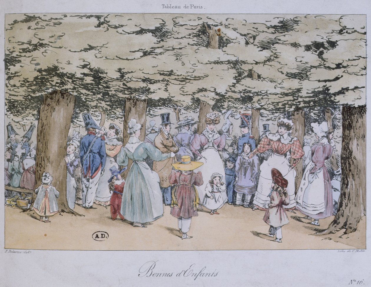 Børn og barnepiger i parken, fra Tableau de Paris-serien, graveret af C. Motte, 1827 af Fortune Delarue