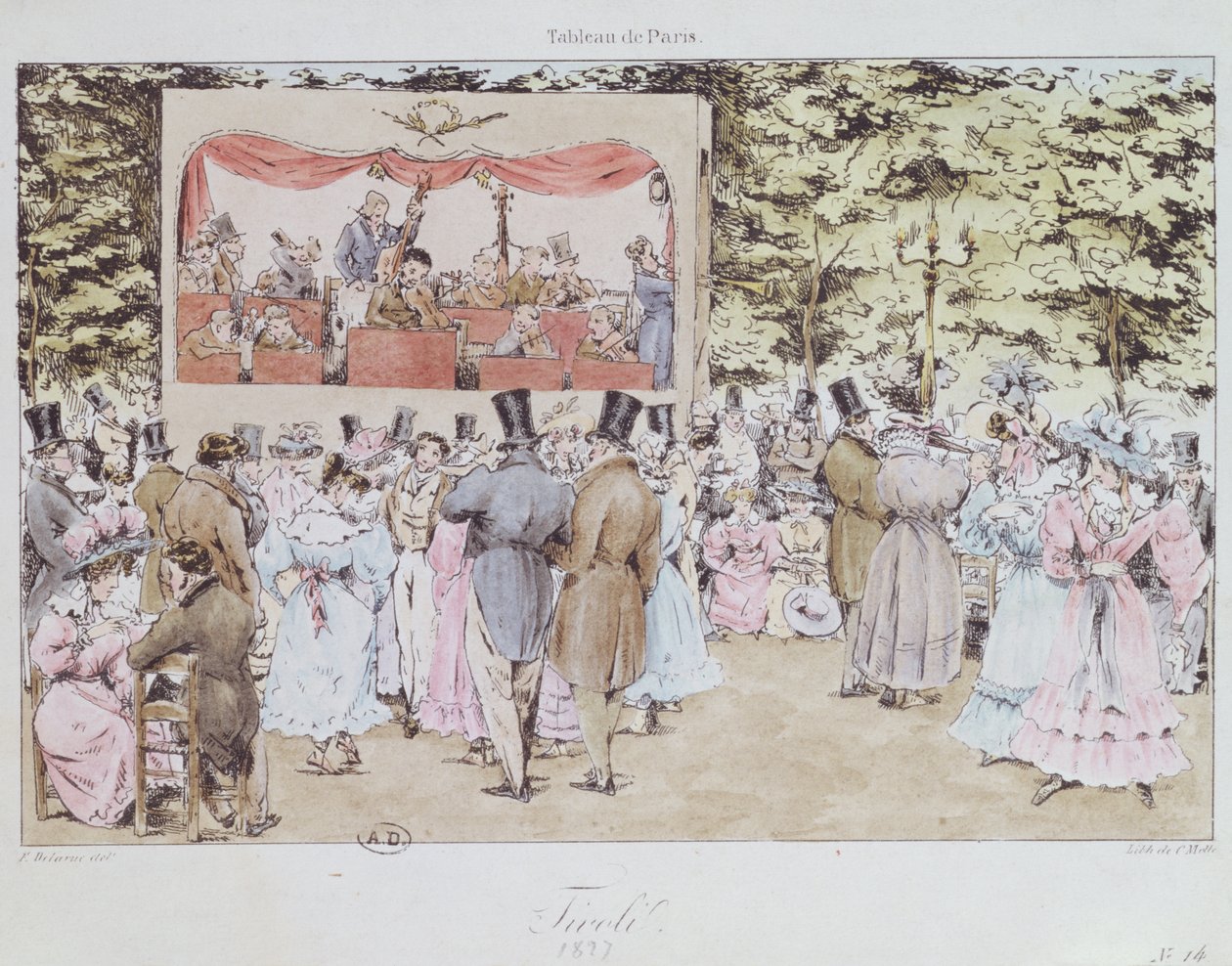 Musikalsk underholdning i det nye Tivoli, Paris, indgraveret af C. Motte, 1827 af Fortune Delarue