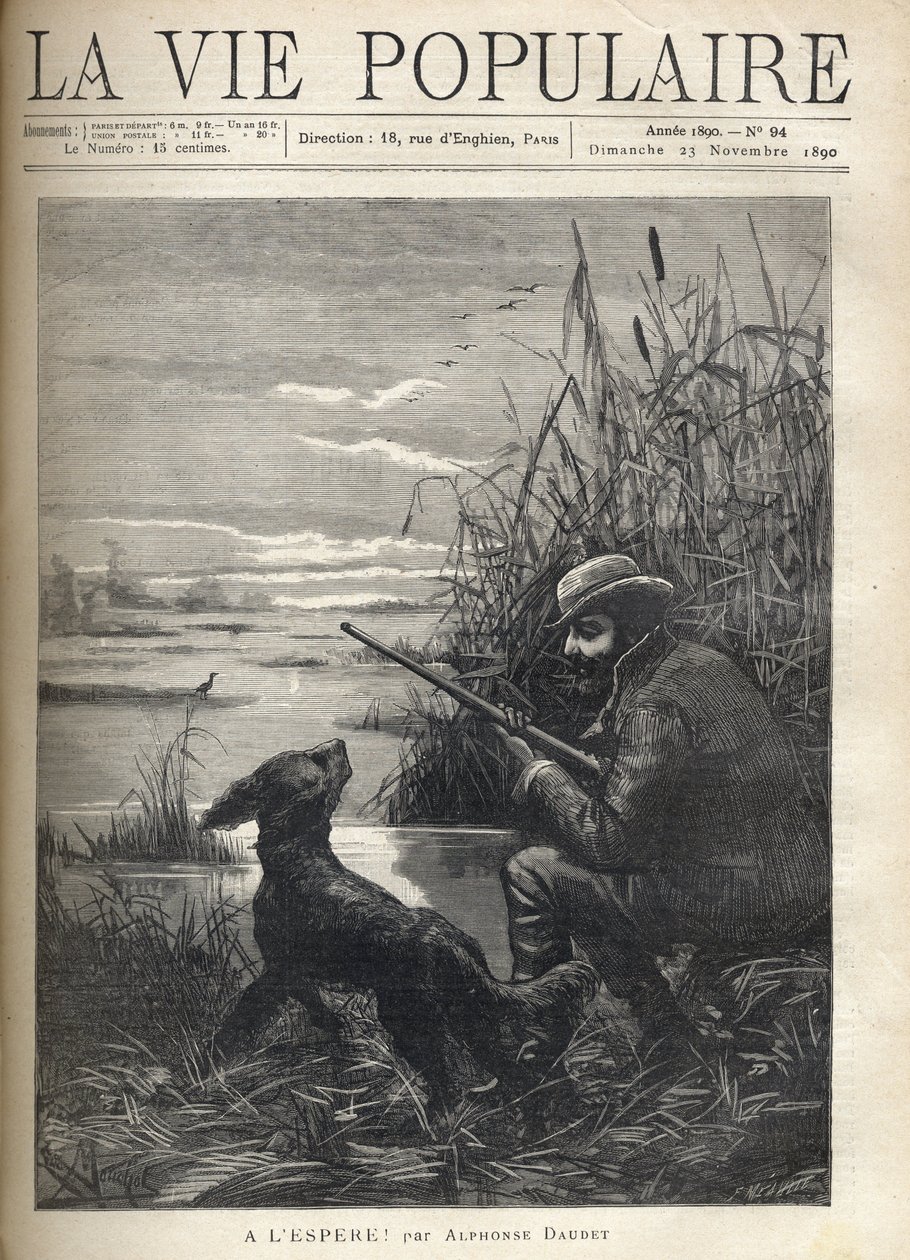 En fuglejæger ser i en sump med sin hund. Illustration af F. Meaulle for "" Hopefully! "" af Alphonse Daudet (1840-1897). Stik fra 1890 i "La vie populaire". Privat samling af Fortune Louis Meaulle