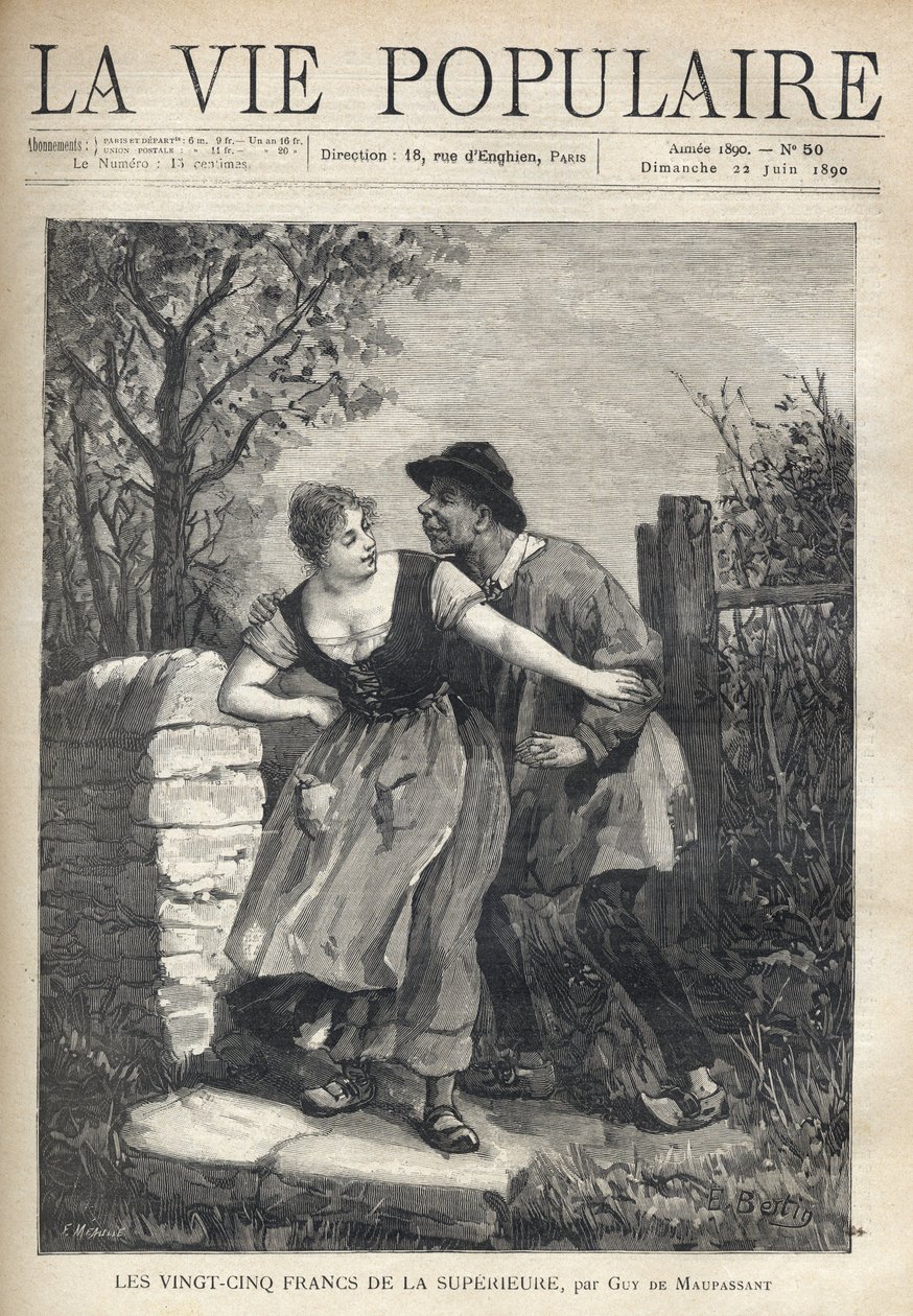 Et par bønder, manden i bluse og hov, sprang den unge kvinde, som skubbede ham tilbage med et smil og lys. Illustration af E. Bertin for Les 25 francs de la superieure af Guy de Maupassant (1850-1893). Gravering af Fortune Meaulle (184 af Fortune Louis Meaulle