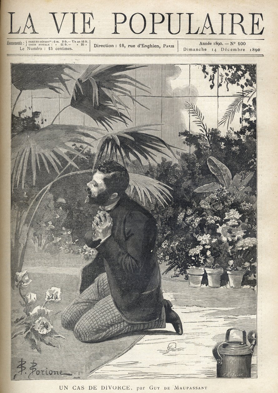 En desperat mand beder på knæ i et drivhus. Illustration af F. Meaulle efter B. Borione til "A case of divorce" af Guy de Maupassant (1850-1893). Stik fra 1890 i "La vie populaire". Privat samling af Fortune Louis Meaulle