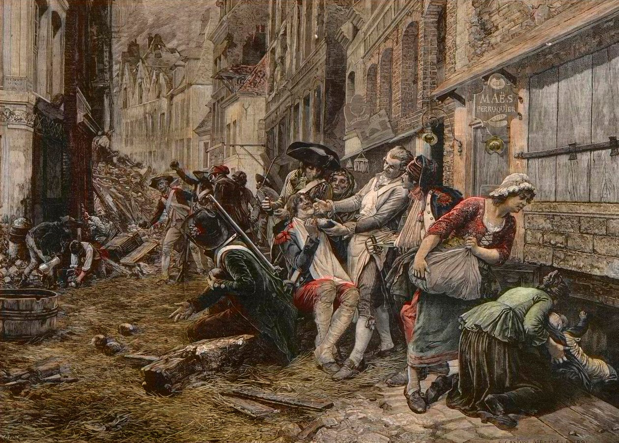 En belejringsepisode i Lille, oktober 1792 - Siege de Lille en 1792: parykken Maes bruger en bombeskal som skægfad til at barbere en klient - gravering af Meaulle efter Gaston Melingues maleri af Fortune Louis Meaulle