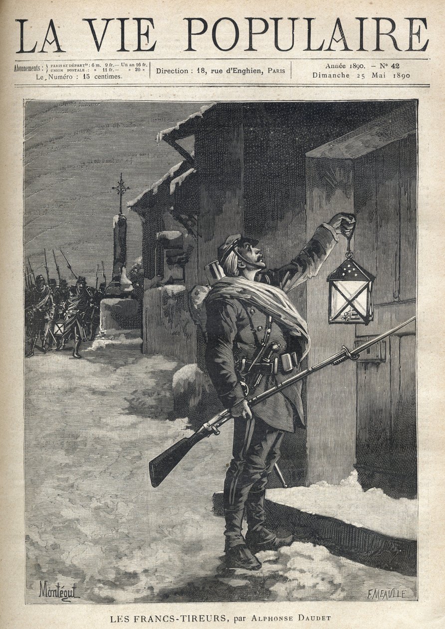En soldat, der bar al sin barda, en bajonetriffel og viftede med en lanterne foran den lukkede dør til et byhus. Bag ham, nær Jernkorset, ankommer resten af truppen for at slutte sig til ham. Illustration af Montegut (?), for Les Francs Shoirers af Alph af Fortune Louis Meaulle