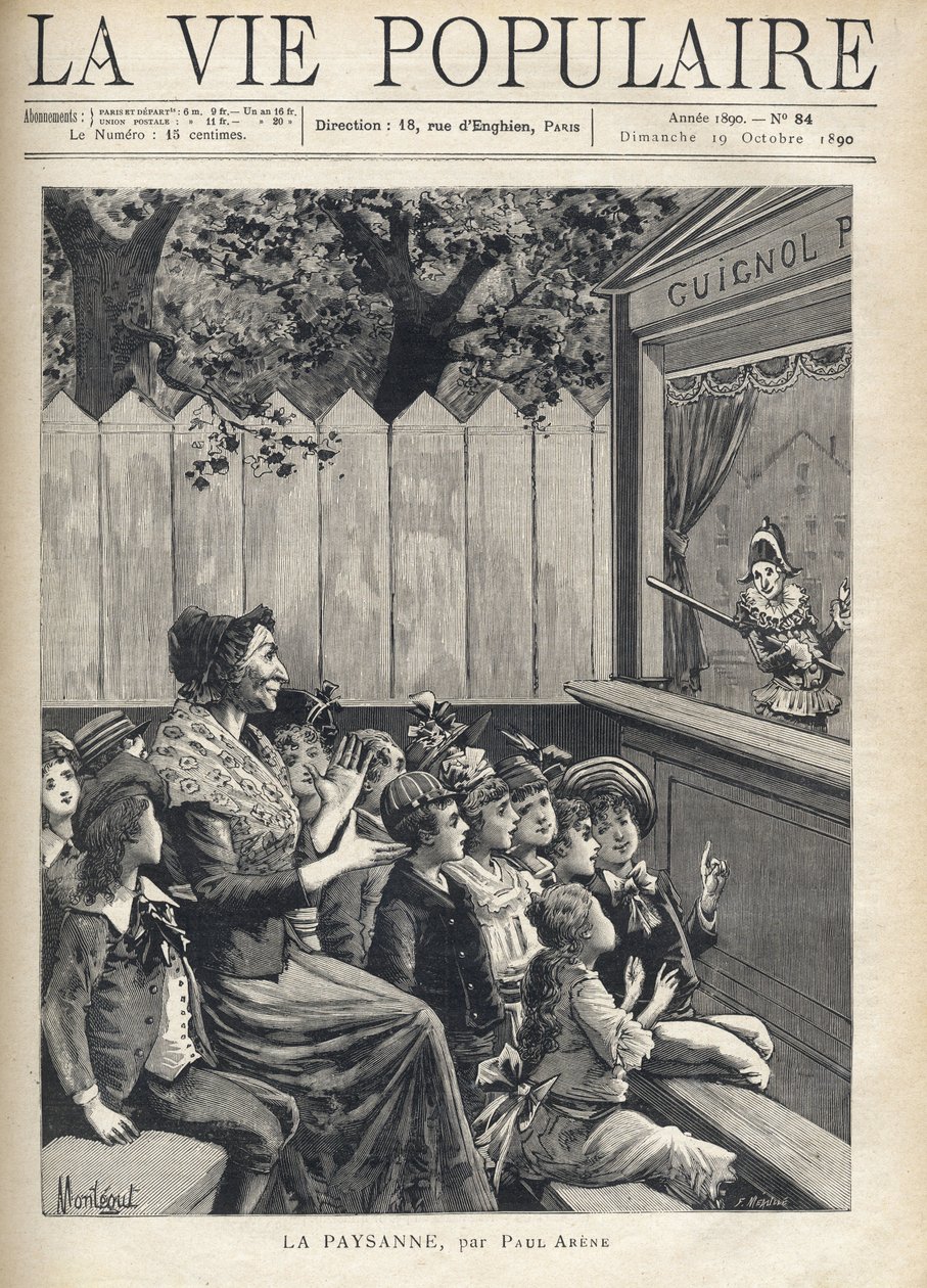 En kvinde midt i en gruppe børn klapper af et dukketeater (Guignol). Illustration af Fortune Meaulle af Montegut for "Bonden" af Paul Arene (1843-1896). Indgravering i "La vie populaire"" af Fortune Louis Meaulle