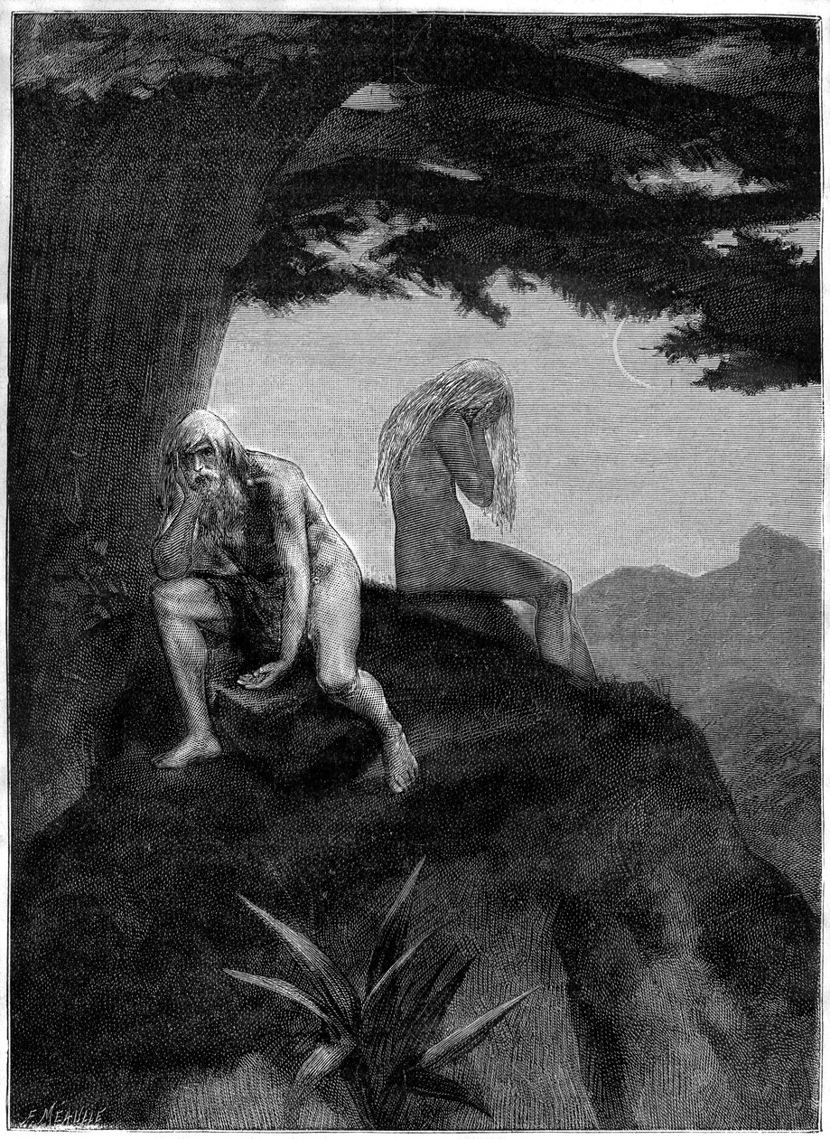 Adam og Eva. Tegning af grave af Meaulle, der illustrerer Victor Hugos digt "Les misheureux", i samlingen "Les contemplations", udgave Paul Ollendorff, begyndelsen af det 20. århundrede. af Fortune Louis Meaulle