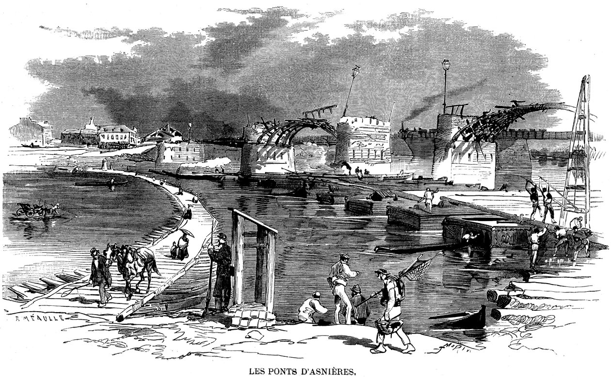 Efter branden af broen i Asnieres under belejringen af Paris i 1870 blev der installeret en bådbro (bådbro) - på denne gravering af Meaulle (ca. 1870) er en anden trækonstruktion ved siden af broen detruit - Commune de Paris -. af Fortune Louis Meaulle