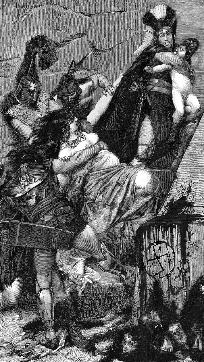 Andromaque: detalje af et kobberstik (1883) af Meaulle efter et maleri af Georges Antoine Rochegrosse (1859-1938). I hænderne på de græske soldater forsøger Andromaque at holde fast i sin søn Astyanax, der er blevet båret væk af en thrakisk hoplit. I begyn af Fortune Louis Meaulle