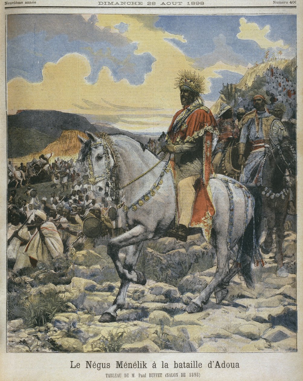 Black of Ethiopia, Menelik II (1844-1913) ved slaget ved Adowa, illustration fra 