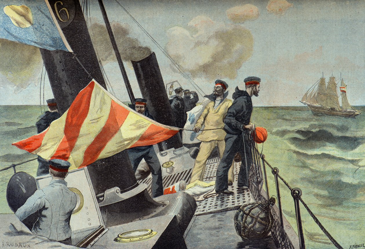 Kapring af et spansk handelsskib, den spansk-amerikanske krig i 1898 (kobberstik) af Fortune Louis Meaulle