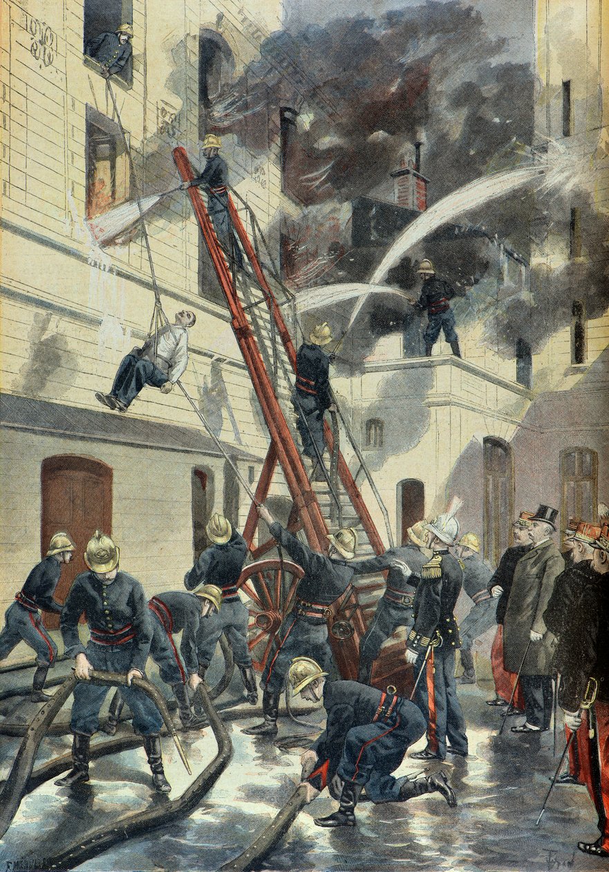 Felix Faure deltager i træningen af brandvæsenet i Paris i 1898 (Gravering) af Fortune Louis Meaulle