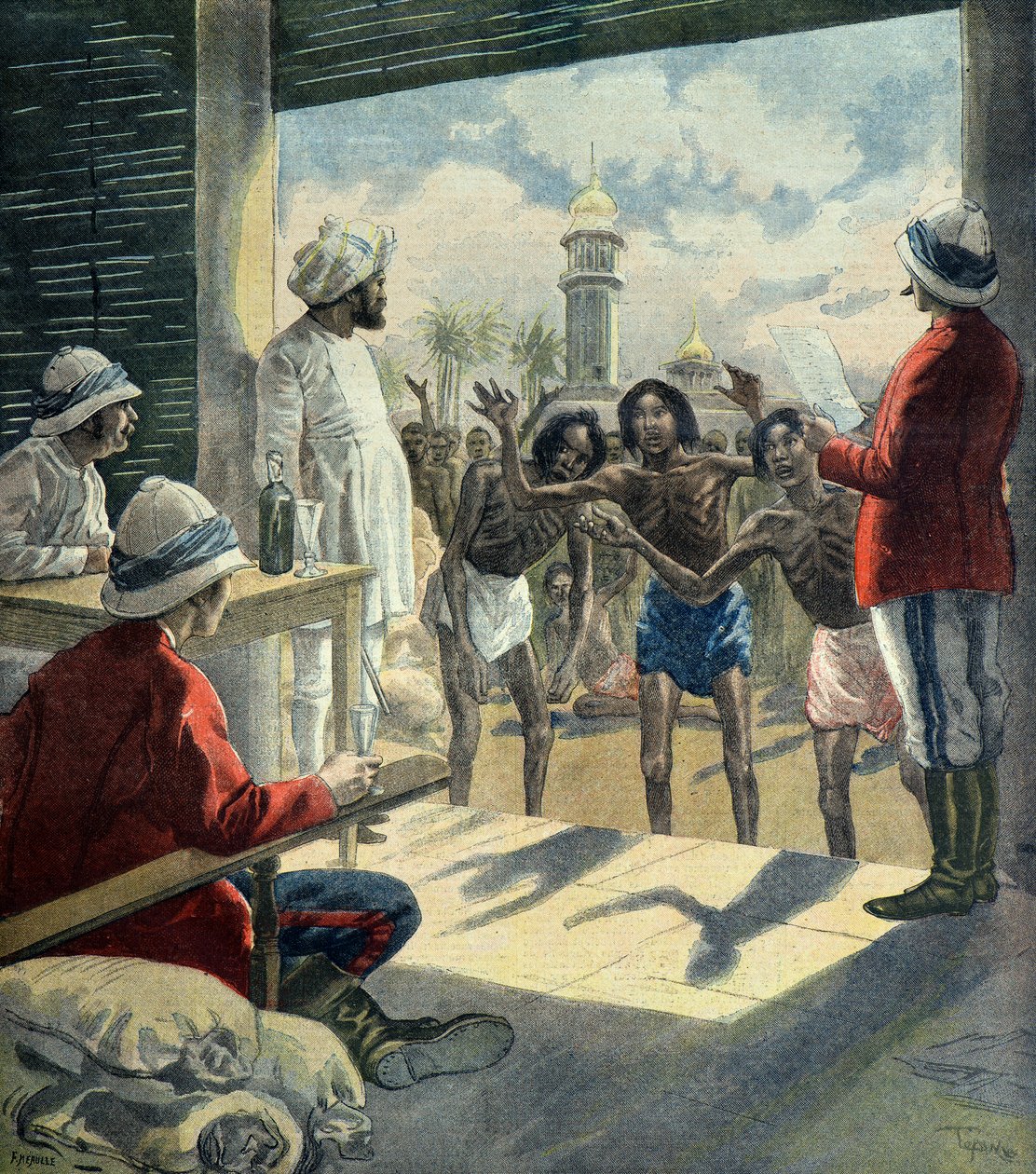 Hinduer kommer til englænderne for at få hjælp under den store hungersnød i 1896 - 1897 (kobberstik) af Fortune Louis Meaulle