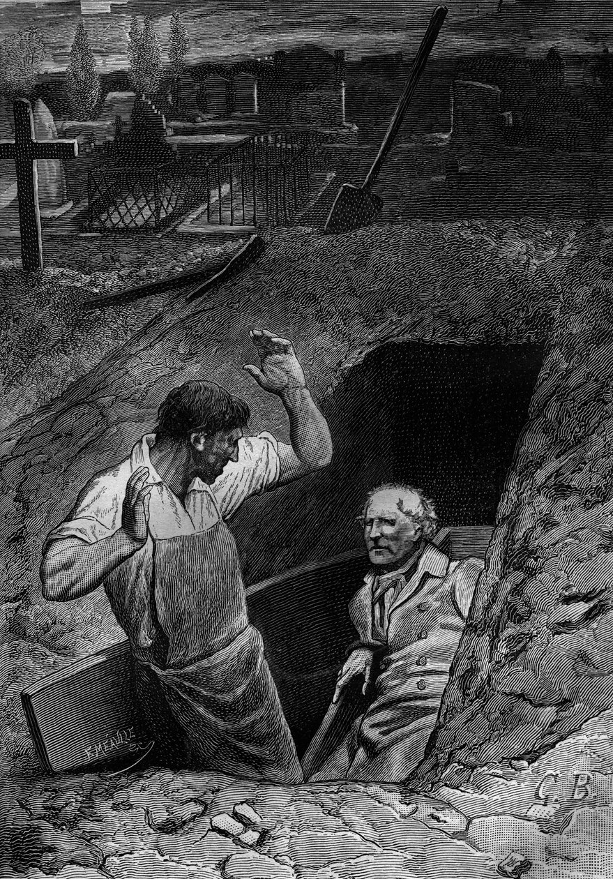Illustration til romanen "Les Miserables" af Victor Hugo (2. del: Cosette), kobberstik af Meaulle: Fauchelevent og Jean Valjean af Fortune Louis Meaulle