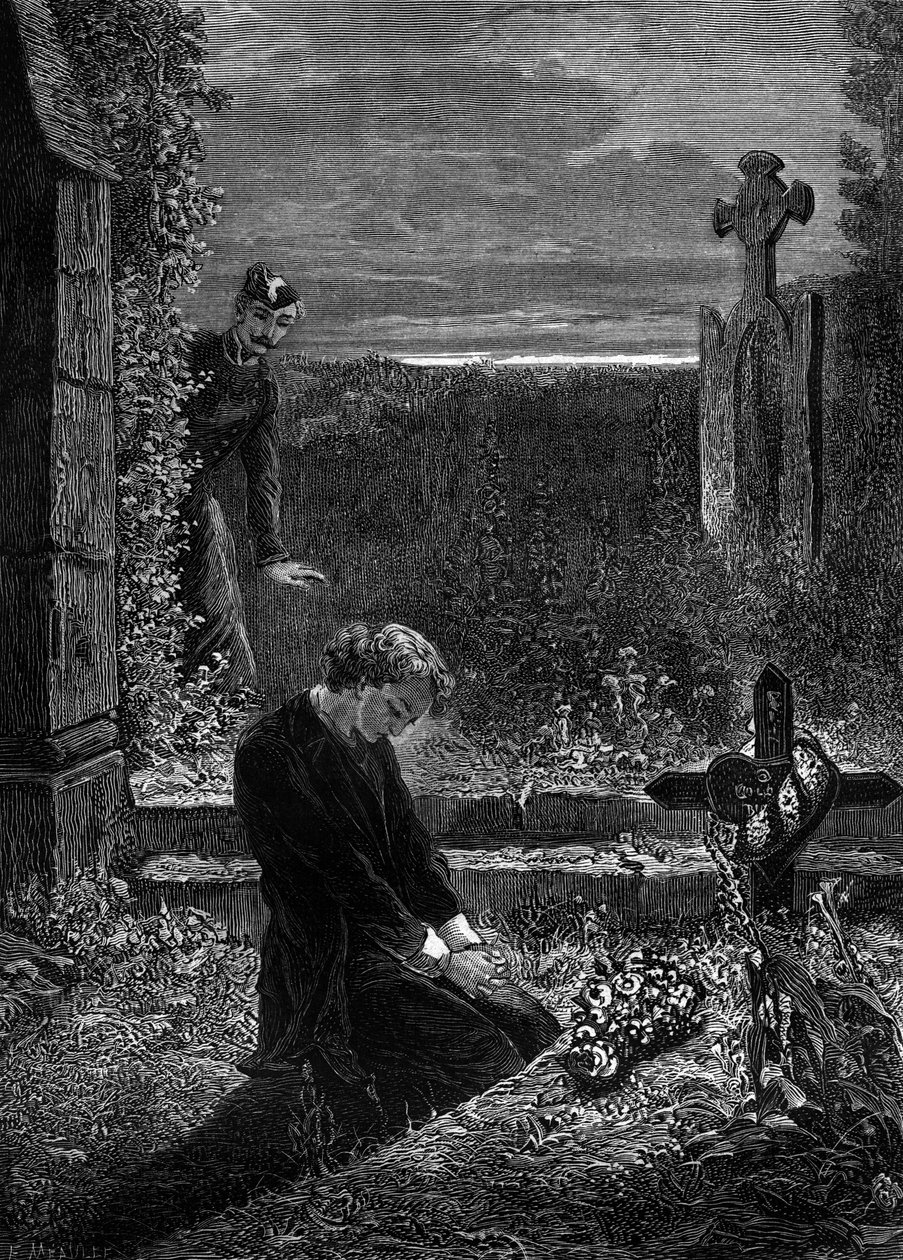 Illustration til romanen "Les Miserables" af Victor Hugo (3. del: Marius), kobberstik af Meaulle: Marius af Fortune Louis Meaulle