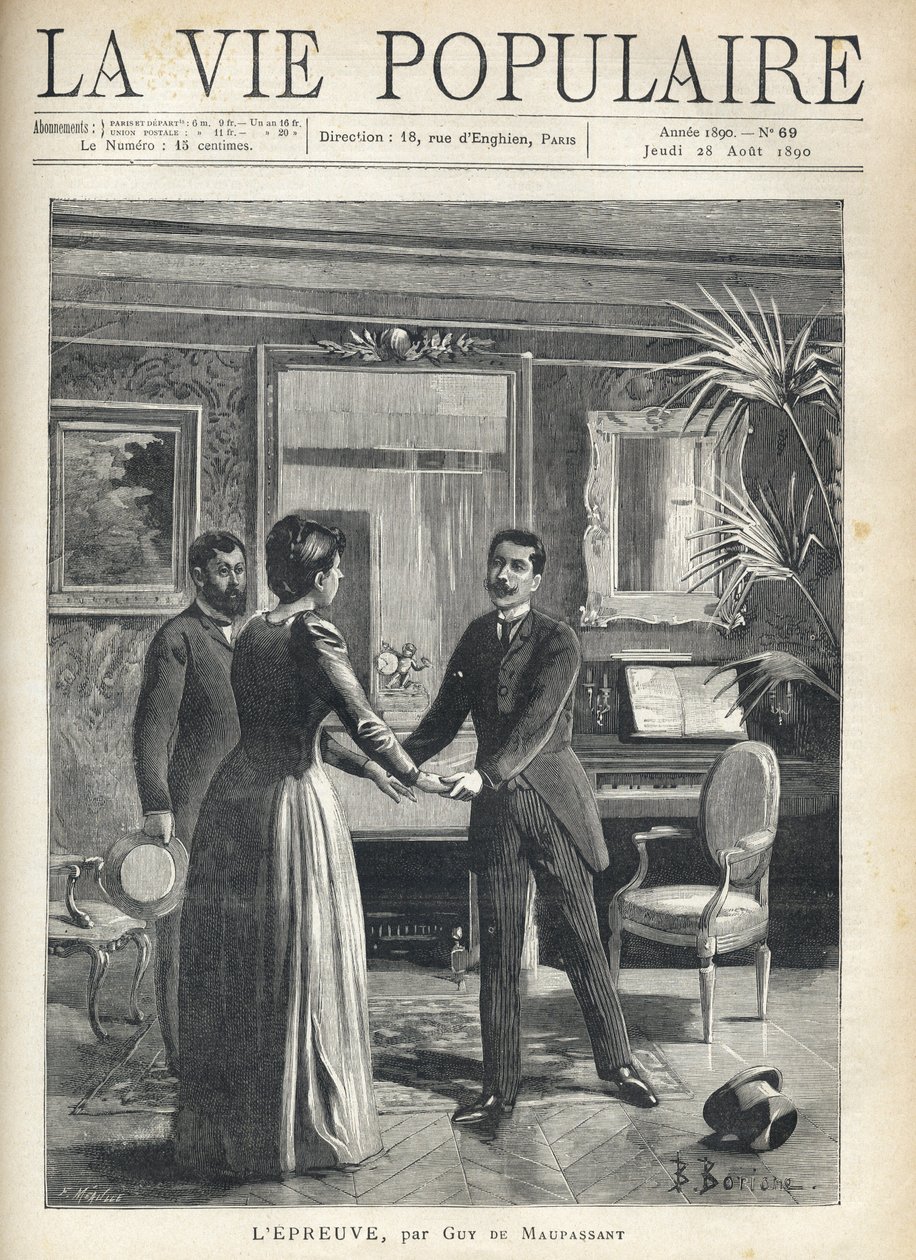 I en borgerlig stue rejser en mand sig nedbør mod husets elskerinde og tager fat i hendes hænder, mens han taber sin hat på gulvet, under en anden mands forbløffende blik. Illustration af Bernard Borione (1865-20. århundrede), til testen af Guy af Fortune Louis Meaulle