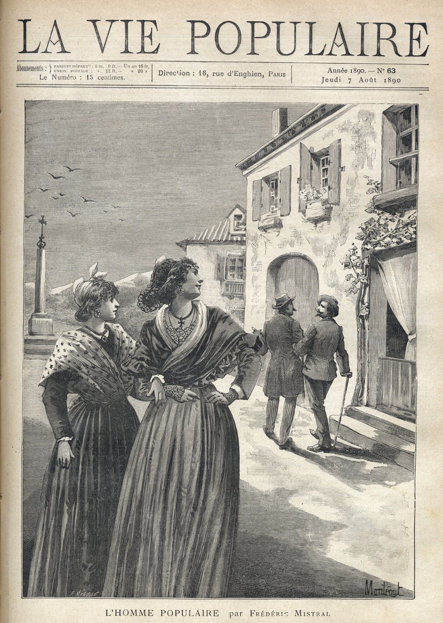 I gaderne i en landsby i Provence vender to smukke kvinder i provencalske kjoler tilbage til gaden for at konfrontere en mand, der selvsikkert vender sig mod deres øjne. Illustration af Montegut til The Popular Man af Frederic Mistral (1830-1914). Stik af  af Fortune Louis Meaulle