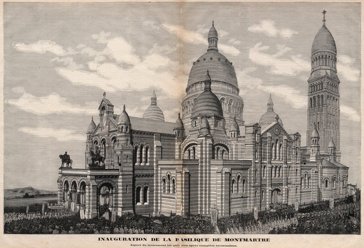 Indvielse af Sacre-Coeur-basilikaen i Montmartre i 1891 (monumentet ser ud som det vil være efter fuldstændig færdiggørelse) - Indgravering af Meaulle i 1891 af Fortune Louis Meaulle