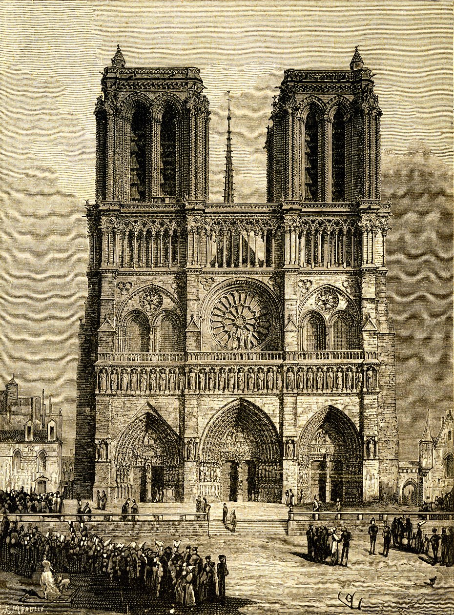 Notre Dame de Paris (Notre-Dame) i 1482: vestfacade og parvis. Kobberstik af F. Meaulle, baseret på en tegning af Viollet le Duc (Viollet-le-Duc), der illustrerer romanen af samme navn af Victor Hugo, udgave Ollendorff, begyndelsen af det 20. århundrede. N af Fortune Louis Meaulle