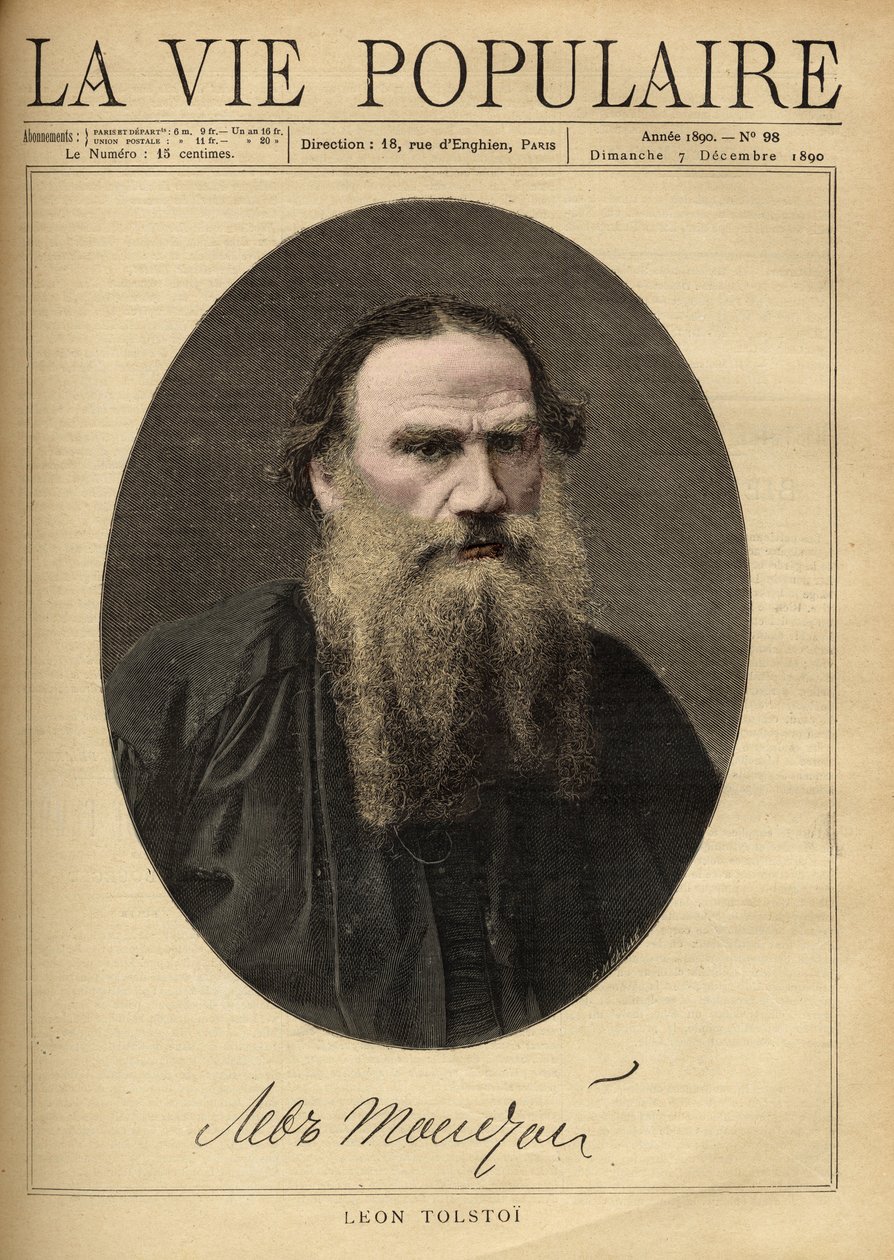 Portræt af Leon Tolstoi (1828-1910), russisk forfatter. Illustration af F. Meaulle. Stik fra 1890 i "La vie populaire". Privat samling af Fortune Louis Meaulle