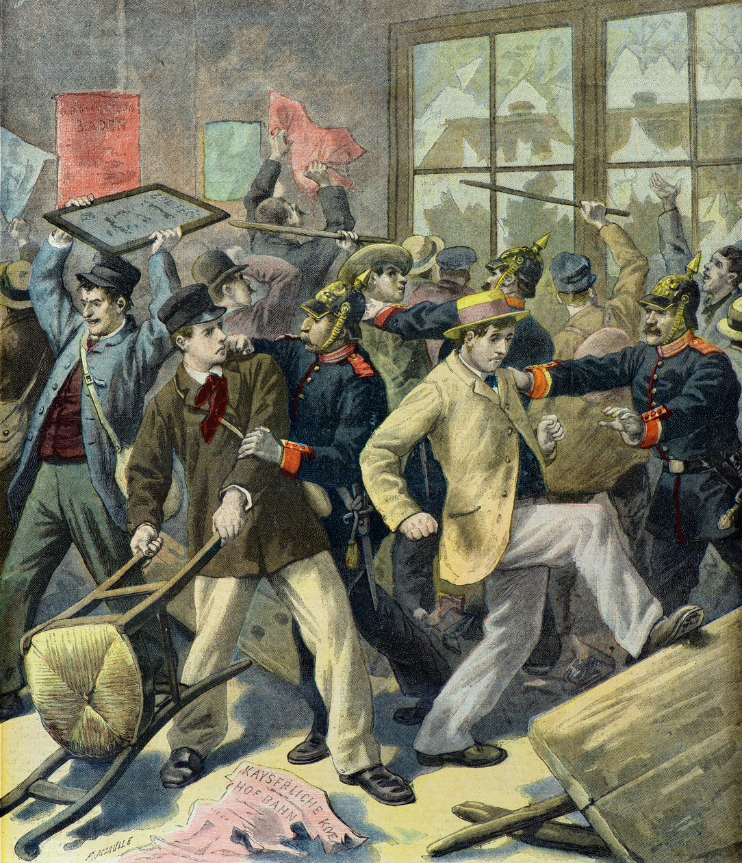 Oprør af værnepligtige fra Alsace Lorraine på tyske stationer (kobberstik) af Fortune Louis Meaulle