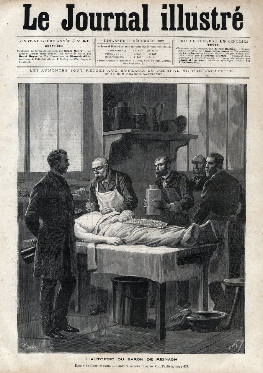 Obduktionen af baron Jacques de Reinach (1840-1892) i 1892 - gravering af Meaulle i "The Illustrous Journal" fra 1892 af Fortune Louis Meaulle