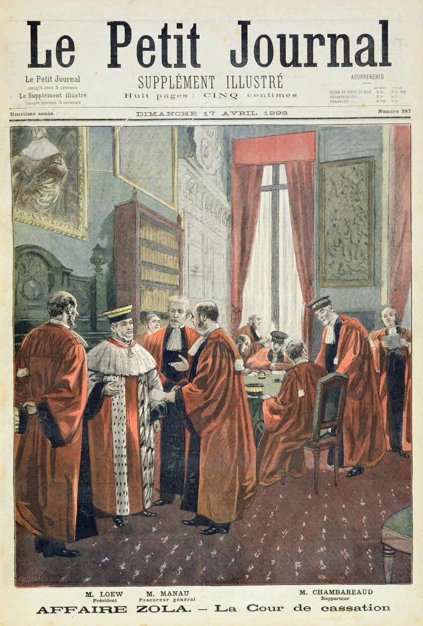 Titelside, der afbilder kassationsretten med hr. Loew, hr. Chambareaud og hr. Manau, illustration fra det illustrerede supplement til Le Petit Journal af Fortune Louis Meaulle