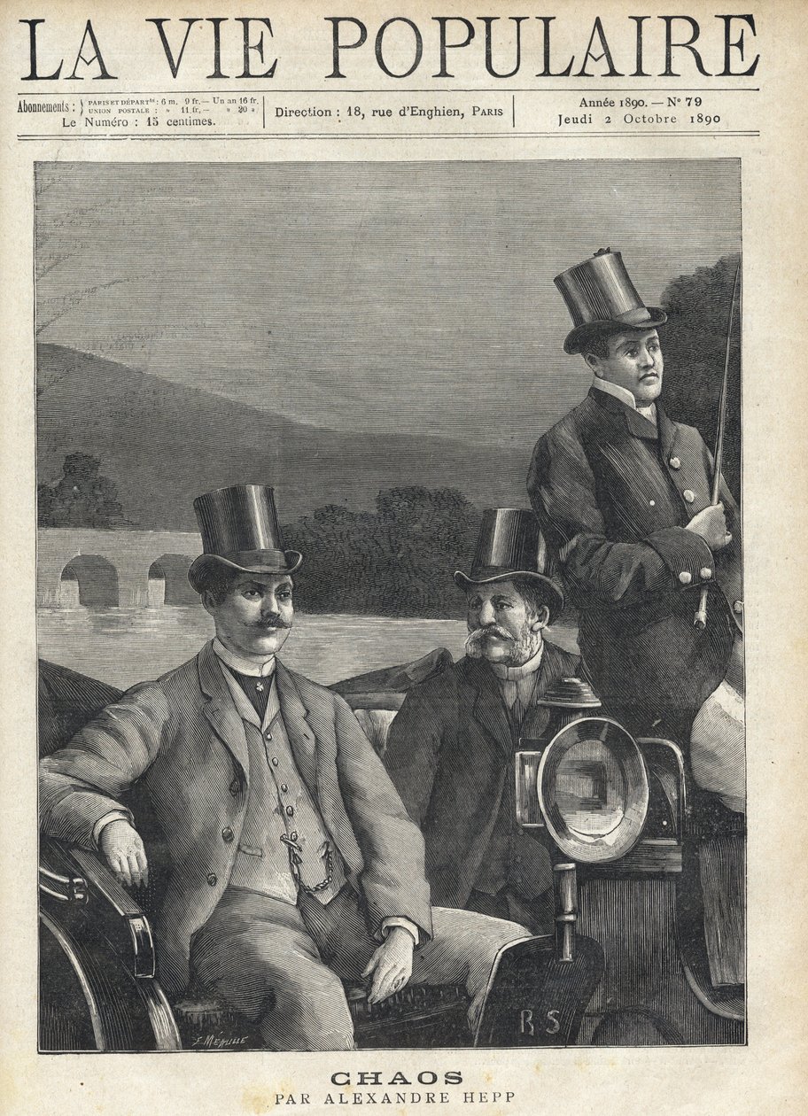 To mænd i jakkesæt og høj hat sat op i et hestehak, anført af en kusk. De er på vej langs en flod. Illustration til kaos af Alexandre Hepp (1857-1924). Gravering af Fortune Meaulle (1844-1901) af Fortune Louis Meaulle