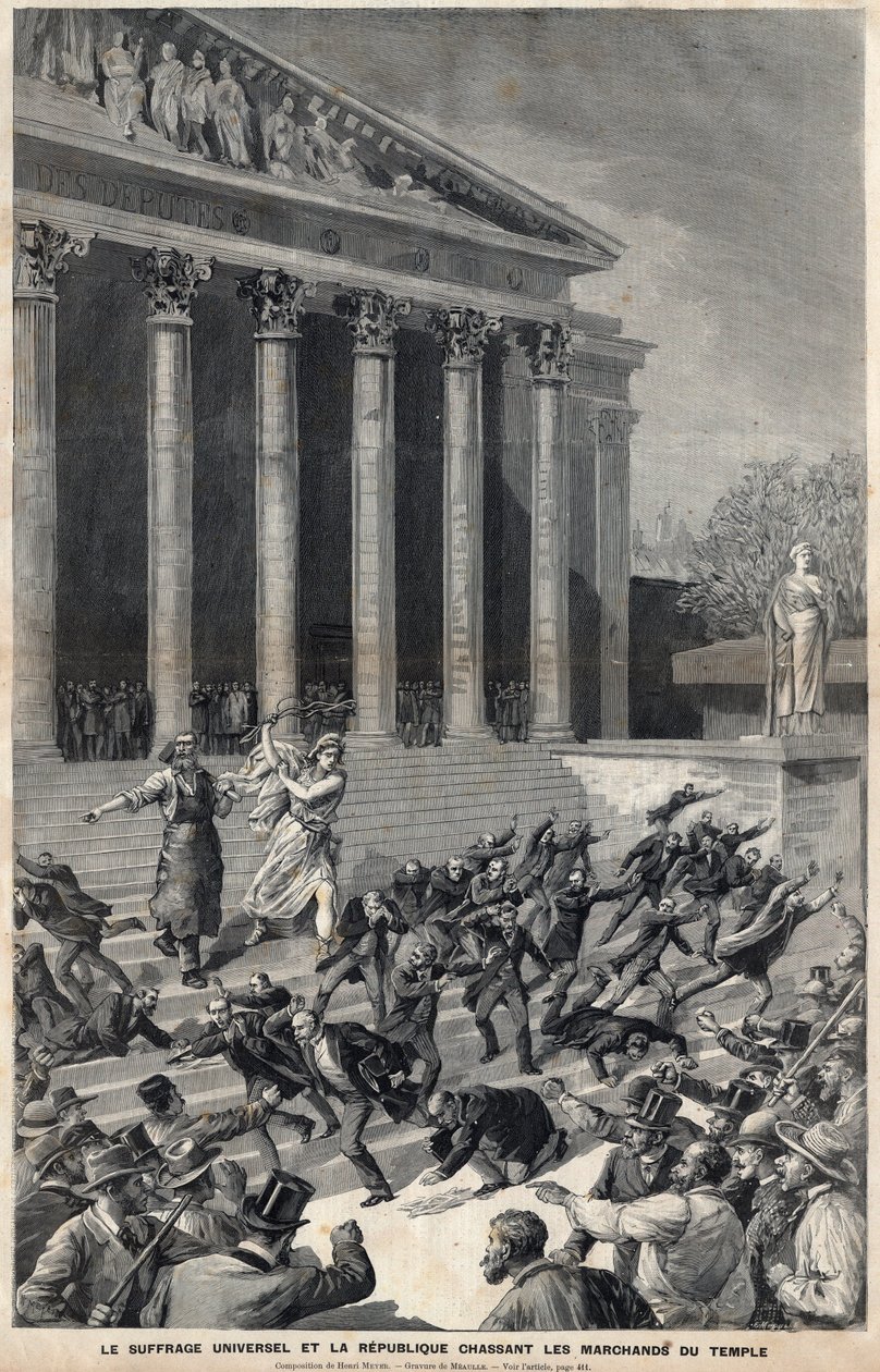 Almindelig Valgret og Republikken, der jager købmænd fra templet - allegori om efterdønningerne af Panama-affæren - Indgravering af Meaulle af Henri Meyer af Fortune Louis Meaulle