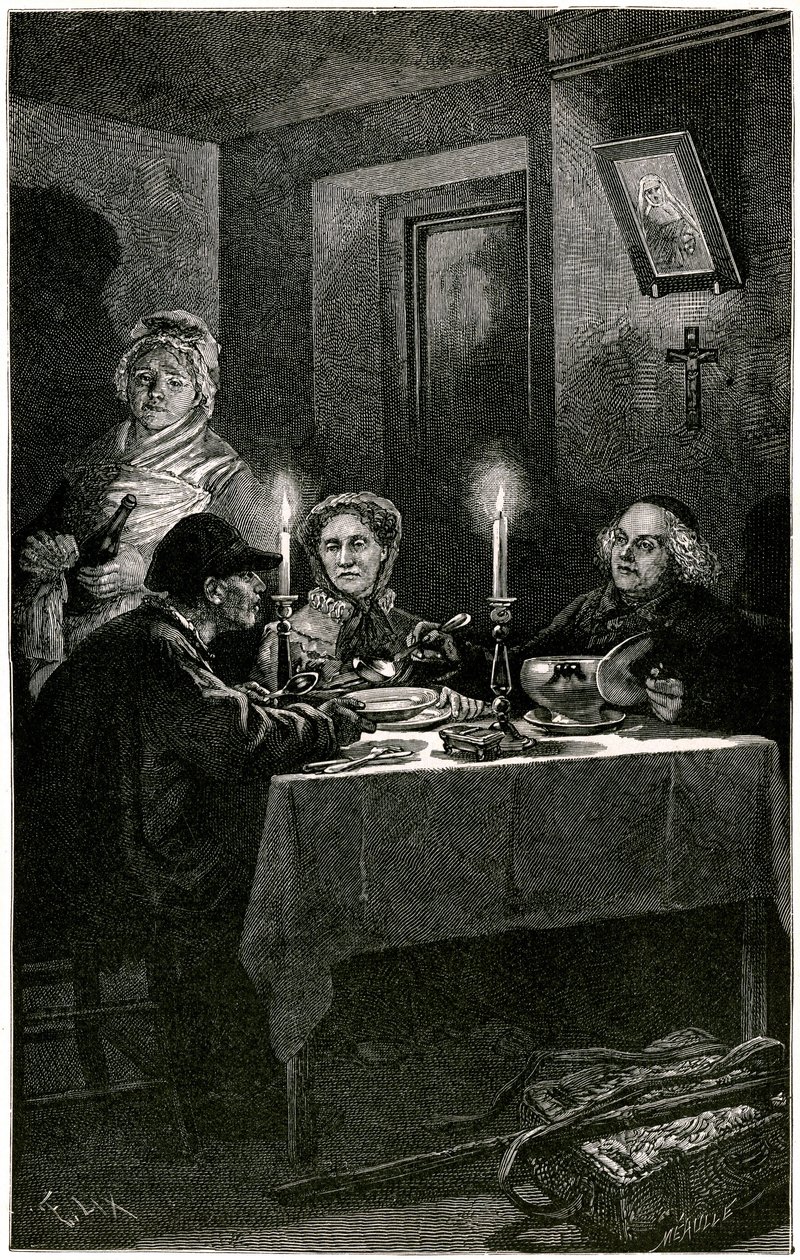 Victor Hugo "Les Miserables" Illustration af Lix graveret af Meaulle: Forcat og Eveque. Jean Valjean, som eveque Myriel tilbød hospitalet, vil begå sin sidste flugt: hans værts sølvtøj. På bordet står de to sølvlysestager af Fortune Louis Meaulle