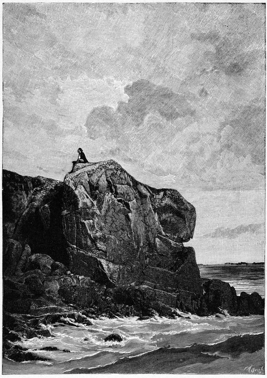 Victor Hugo i eksil på Jersey i 1855, på Proscriit-klippen. Gravering af Louis Fortune Meaulle (1844-1901), som Hugo sagde om: "Jeg tænker, il grave". af Fortune Louis Meaulle