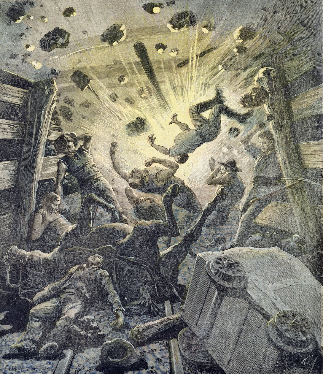 En gassprængning, illustration fra det illustrerede supplement til Le Petit Journal, 2. april, 1892 af Fortune Louis Meaulle and Henri Meyer