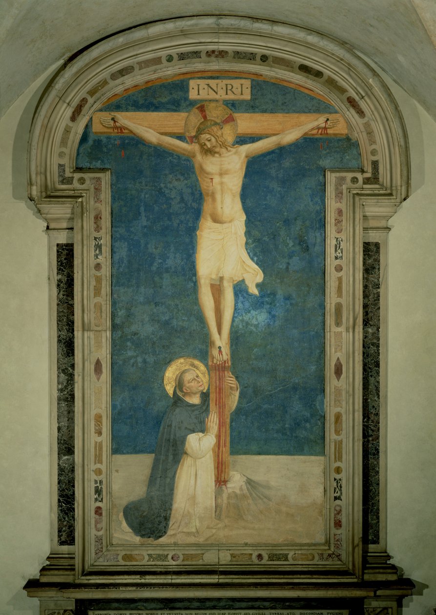 Kristus på korset tilbedt af den hellige Dominikus af Fra Angelico