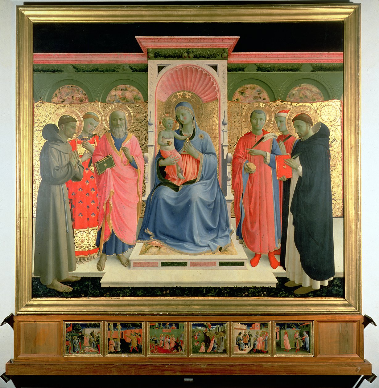 Detalje fra Annalena-altertavlen, der viser Jomfruen og barnet med den hellige martyr Peter, den hellige Cosmas, den hellige Damian, den hellige Johannes evangelisten, den hellige Laurentius og den hellige Frans (tempera og bladguld på panel) af Fra Angelico