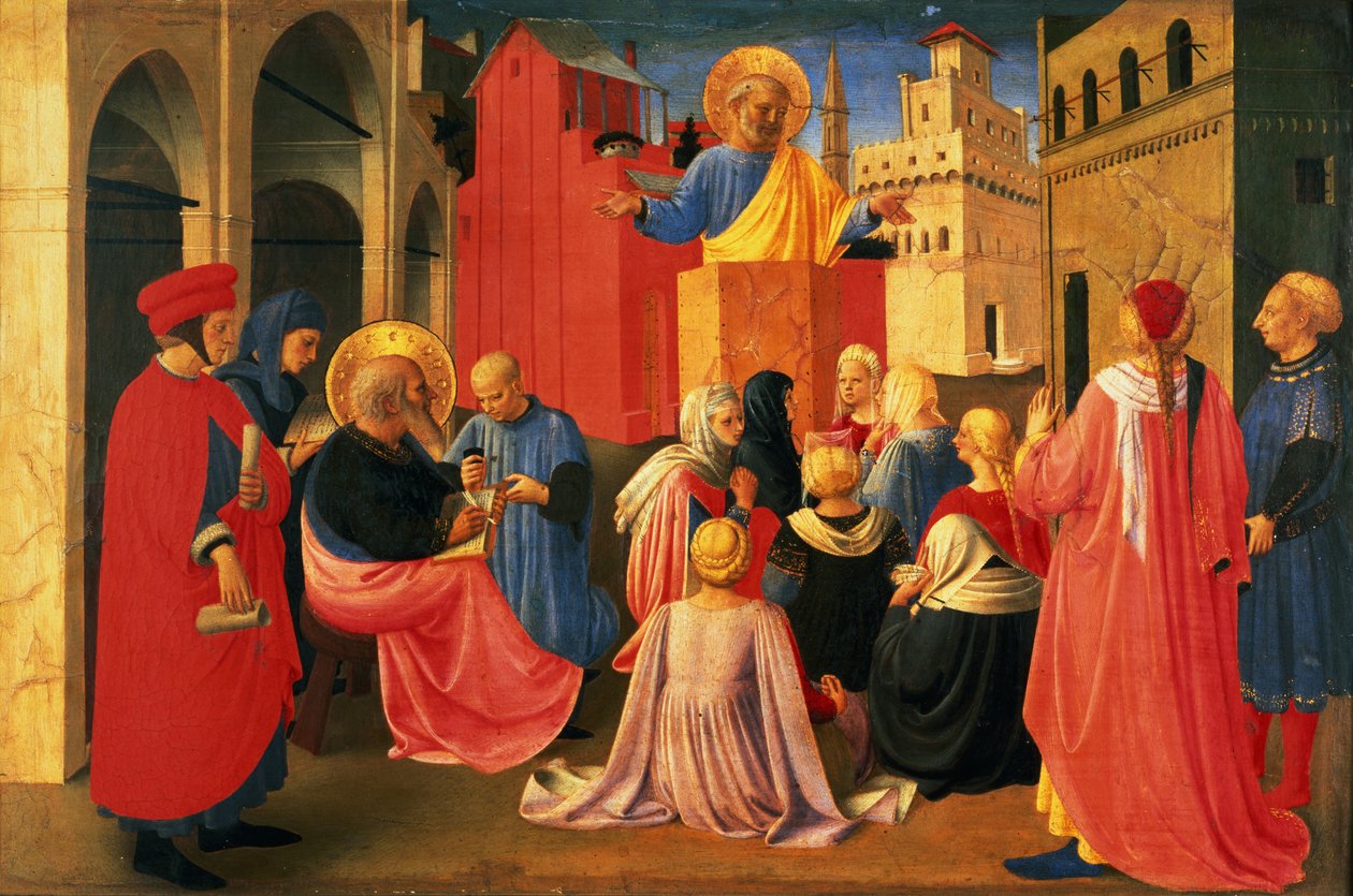 Detalje fra Linaiuoli Triptykon, predella, der viser St. Peter Preaching, 1433 (tempera på panel) af Fra Angelico