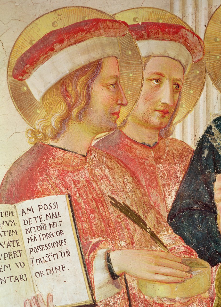 Skyggemadonna eller Jomfru og barn mellem den hellige Dominikus, Cosmas, Damien, Markus, Johannes evangelisten, Thomas af Aquinas, Laurence og Pierre martyren fra venstre til højre detalje af den hellige Cosmas af Fra Angelico