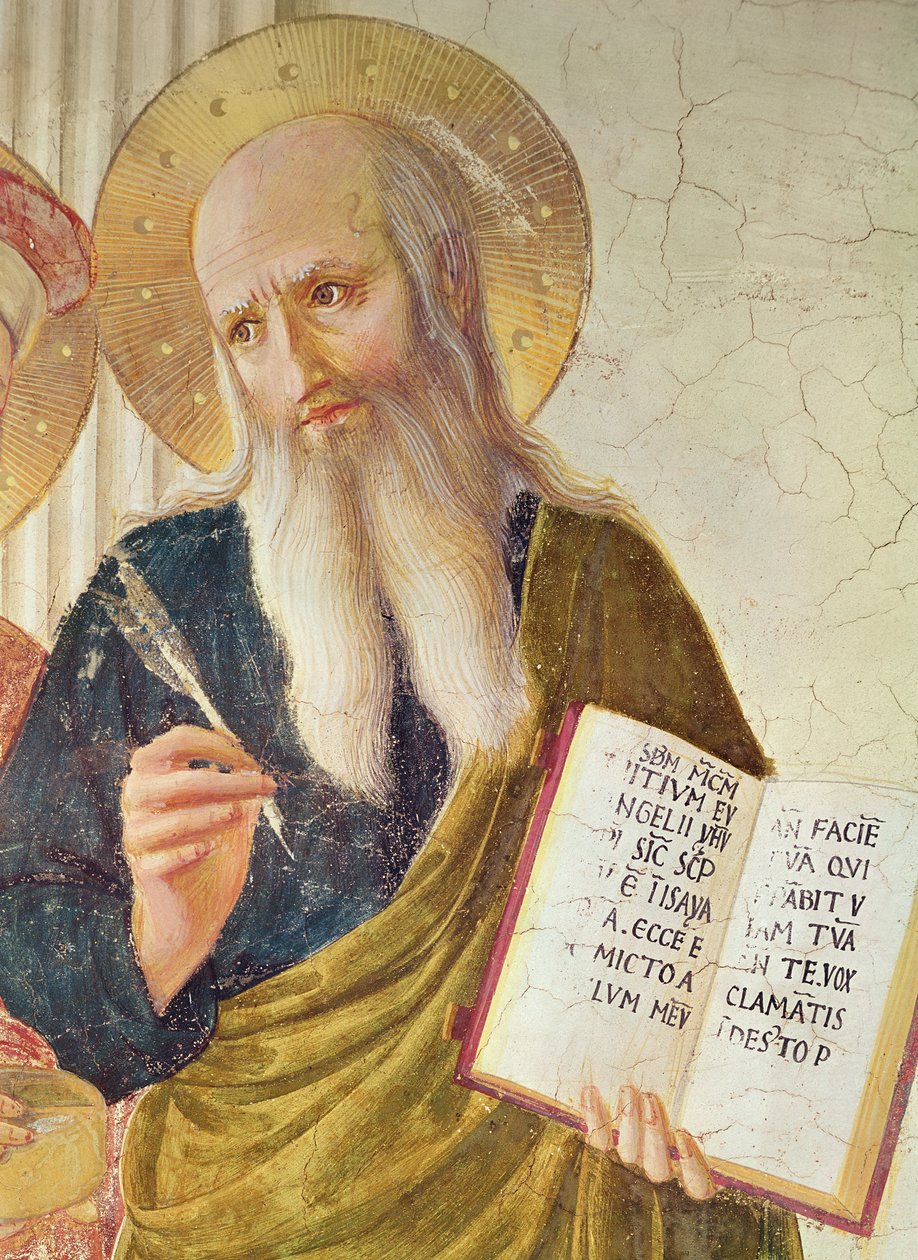 Madonna af Skyggen eller Jomfru og Barn mellem Saint Dominic, Cosmas, Damien, Mark, Johannes Evangelisten, Thomas af Aquinas, Laurence og Pierre martyren fra venstre til højre detalje af Saint Mark fr af Fra Angelico