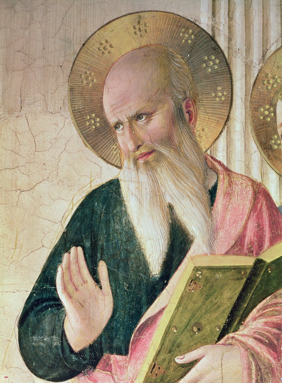 Madonna af Skyggen eller Jomfru og Barn mellem Saint Dominic, Cosmas, Damien, Mark, Johannes evangelisten, Thomas af Aquinas, Laurence og martyren Pierre fra venstre til højre detalje af Saint John th af Fra Angelico