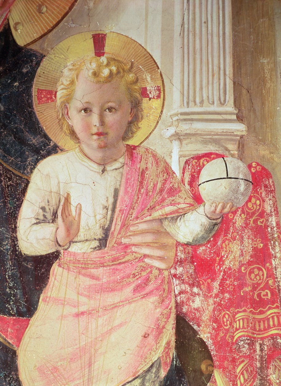 Madonna fra Skyggen eller Jomfru og Barn mellem Saint Dominic, Cosmas, Damien, Mark, Johannes Evangelisten, Thomas af Aquinas, Laurence og martyren Pierre (fra venstre mod højre) (detalje af spædbarnet af Fra Angelico