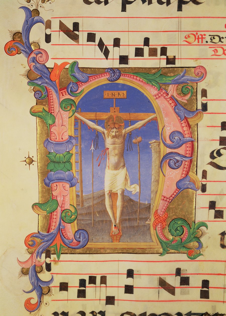 Ms 558 f.45v Korsfæstelsen afbildet i et historisk indledende 