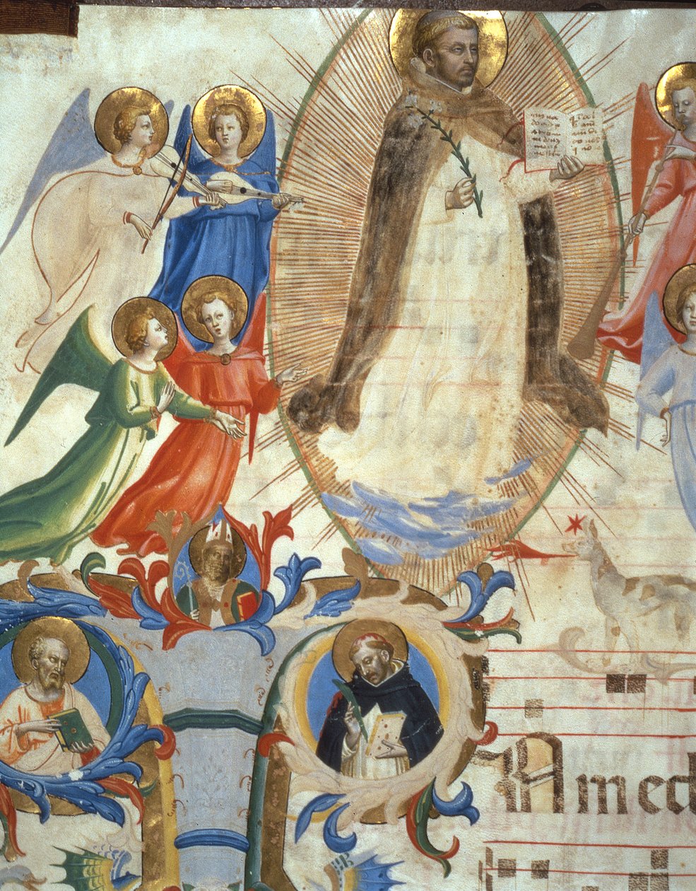 Ms 558 f.67v St. Dominic omgivet af musikerengle, detalje fra et missal, tidlig 1430